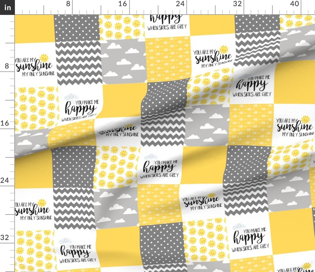 Various Fabrics by the Yard or Fat Quarter Sunshine Wholecloth Cheater Quilt Topper Gray White Yellow Clouds Sun Chevron Stripe Polka Dot Custom Printed Fabric by Spoonflower